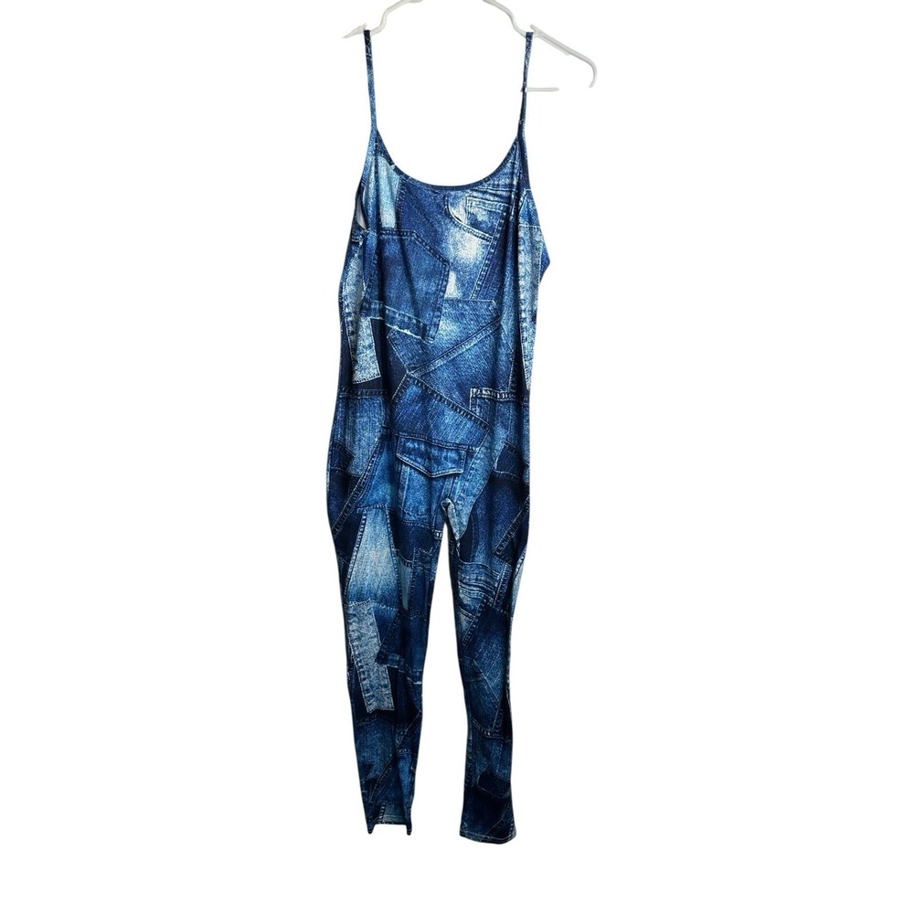 roma concept womens blue stretchy jumpsuit denim print size‎ 1X
